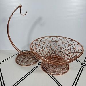Copper Wire Fruit Basket Bowl with Banana Hanger Stand Geometric Design